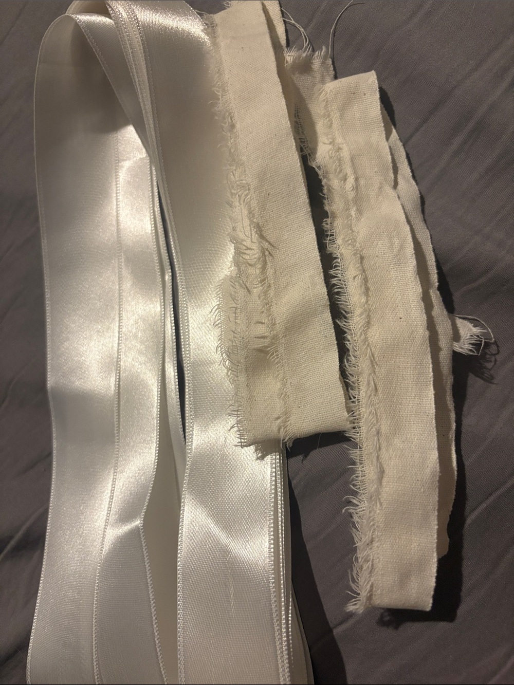 Fabric Bundle: White Satin Ribbon and 2 Raw Edge Linen Strips